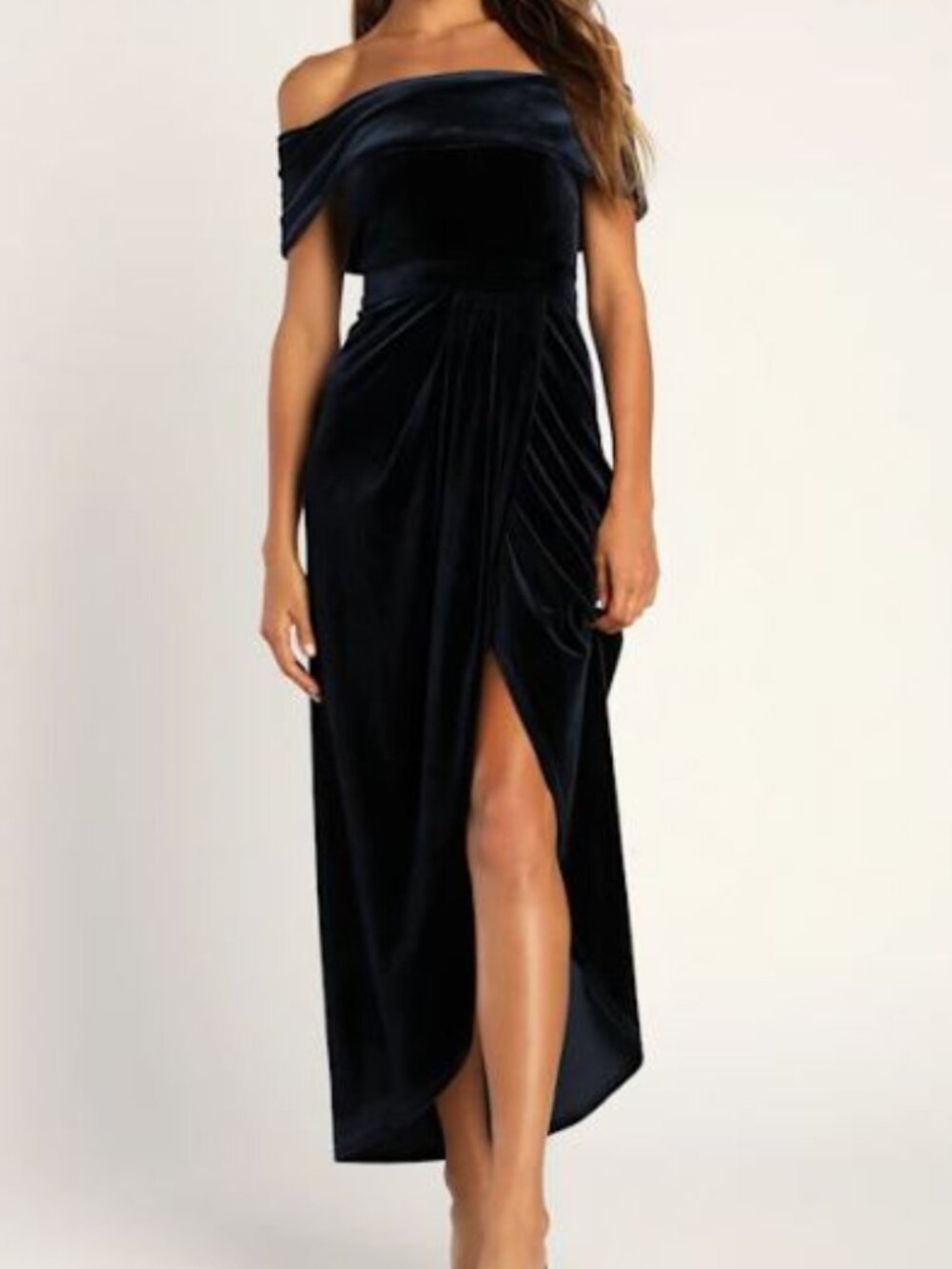 NWT Lulus I'm Enchanted Navy Blue Velvet Off-The-Shoulder Dress S
